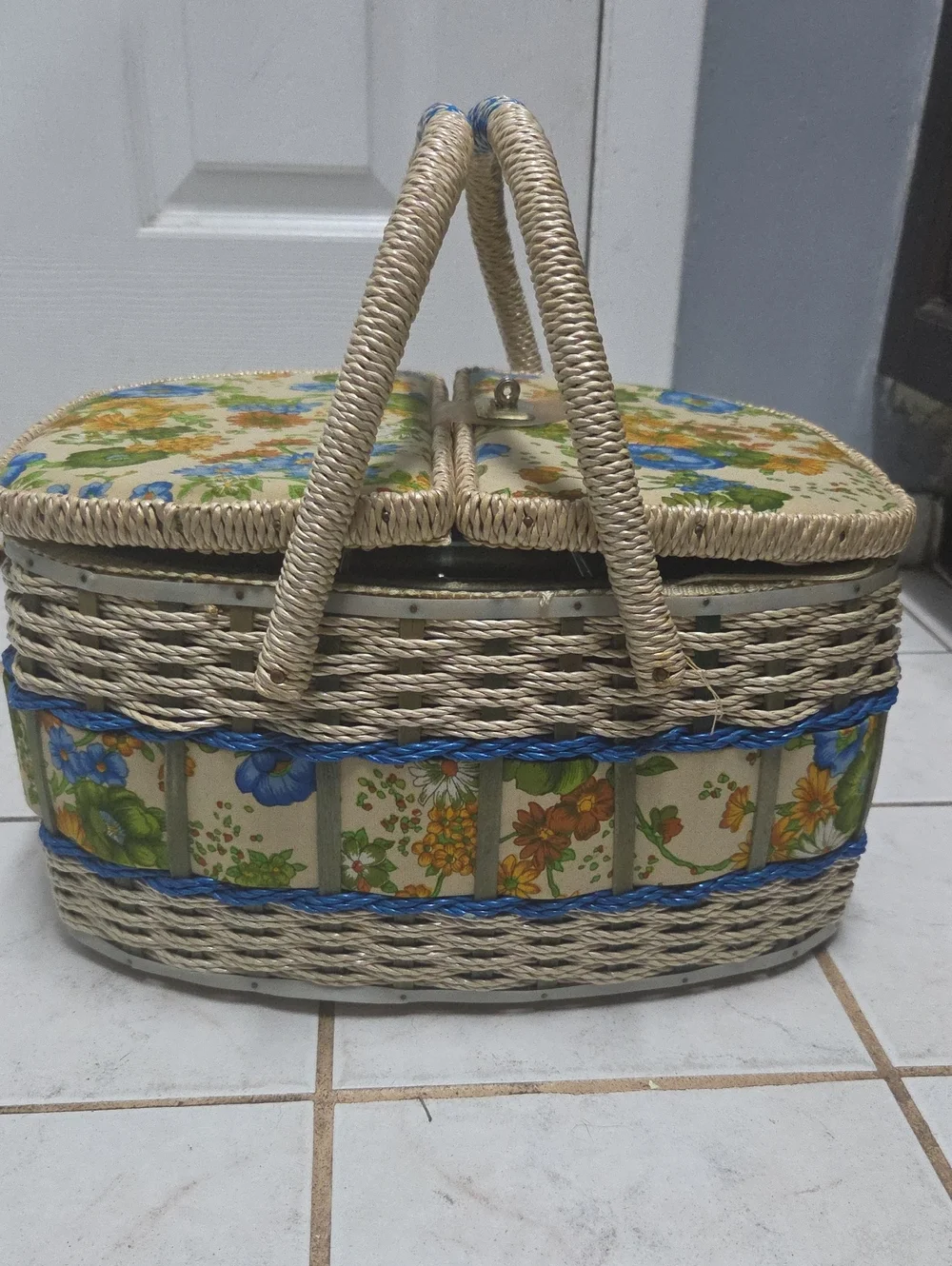 Vintage 1970s Floral Wicker Sewing Basket Double Handle Double Lid Mid Century